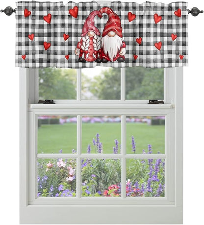 Valentines Day Gnomes Lovers Valances Kitchen Curtains for Windows,Buffalo Plaid Hearts Rod Pocket Valances Wedding Valentines Decoration Short Curtains for Bedroom/Living Room,54" X 18" -1 Panel