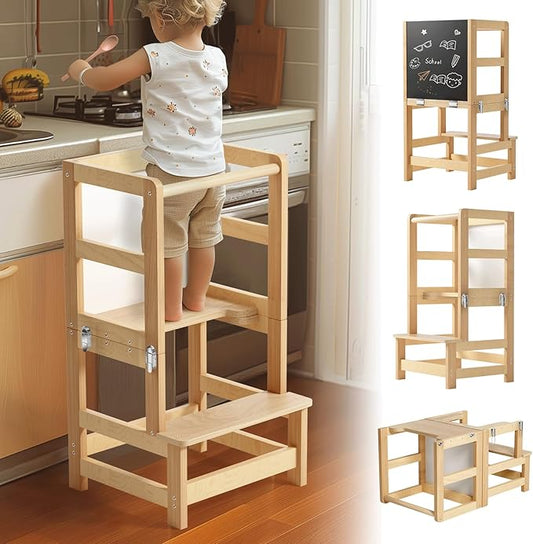 Toddler Tower - 3 in 1 Toddler Kitchen Stool Helper & Learning Tower,Montessori Standing Foldable Wooden Kitchen Step Stool,with Chalkboard and Anti-Slip Pad for Kids Kitchen Counter Learning