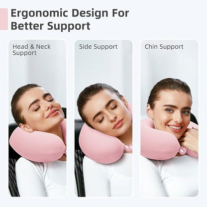 Travel Pillow, Cooling Neck Pillow Airplane Memory Foam with Sleep Mask Earplugs, Soft & Support Airplane Pillow for Travelling Plane Car Train Home Use, Pink