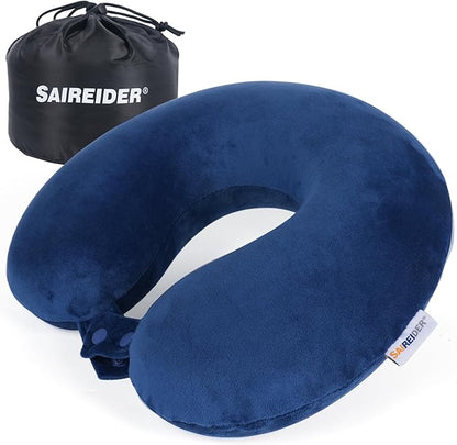 SAIREIDER Neck Pillows for Travel-Head Neck Support Travel Pillow for Traveling, Car, Home, Office Adjustable with Storage Bag (Navy Blue)