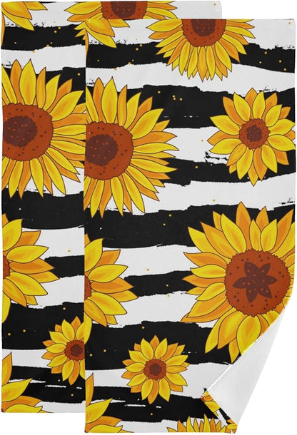 Towel Sets 2 Pack, Sunflowers on Black Striped Bath Hand Towels Soft Absorbent Quick Dry for Bathroom Beach Kitchen Gym Travel