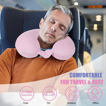 SAIREIDER Travel Neck Pillow 100% Pure Memory Foam Airplane Pillow for Head Support,Soft Adjustable Pillow for Plane, Car & Home Recliner with Storage Bag (Pink)