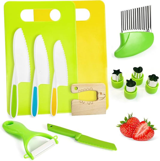 13 Pcs Montessori Kitchen Tools for Toddlers Kids Cooking Sets Safe Knife Set for Real Cooking Include Toddler Knives Cutting Boards Sandwich Cutters Peeler for Birthday