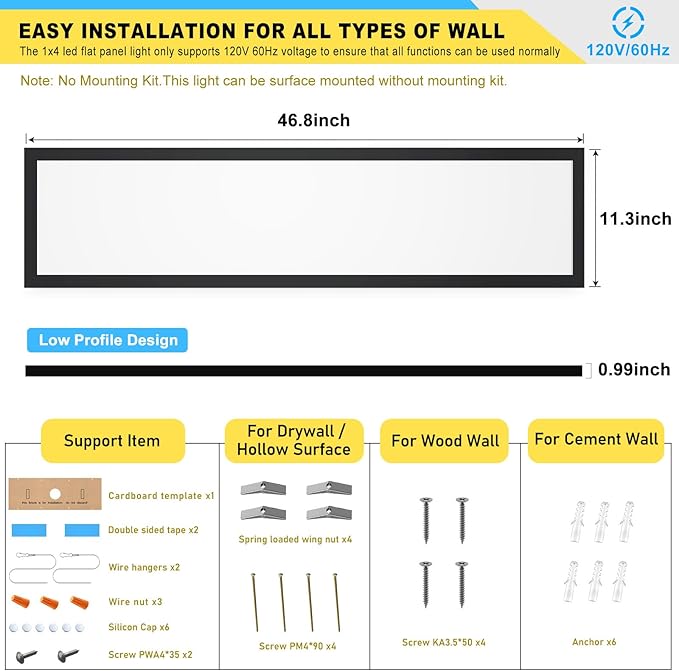 AIKVSXER 1x4 LED Flat Panel Light CPANL Surface Mount LED Ceiling Light Black, 5500LM 50W TRIAC 10-100% Dimmable, 3000/4000/5000k Selectable 120V LED Light Fixture for Kitchen/Laundry/Garage 2PACK