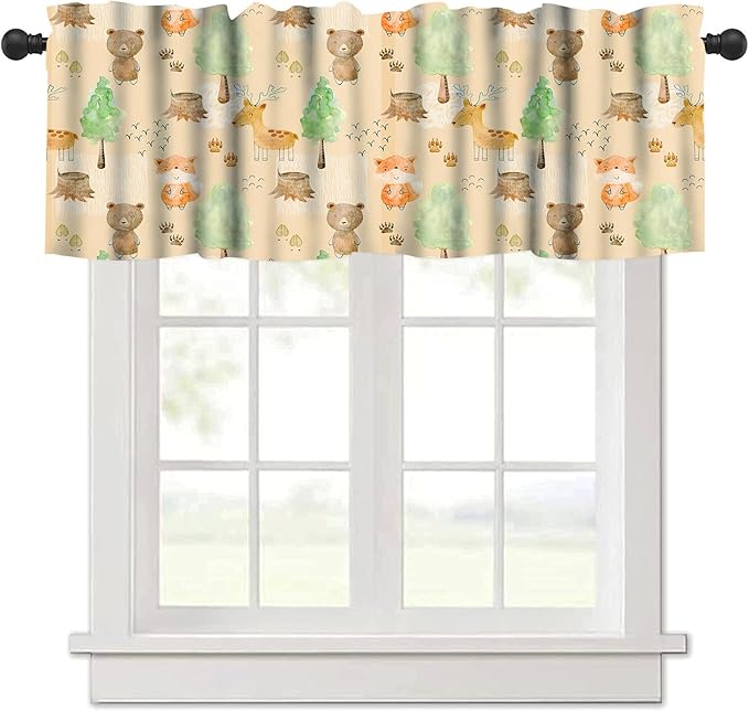 Woodland Animals Kitchen Curtain Valances, Watercolor Forest Animals Valances Set, Bear Deer Fox Wolf Set Hunting Kitchen Curtains Set for Kitchen Cafe Living Room Bedroom Decor 54x18 Inch, 1 Panel