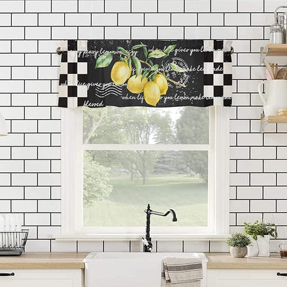 Valance Curtains for Kitchen Window, Summer Tropical Lemon Rod Pocket Valances Window Treatments Buffalo Plaid Black White Short Curtains for Bedroom Decor,54" X 18" -1 Panel,