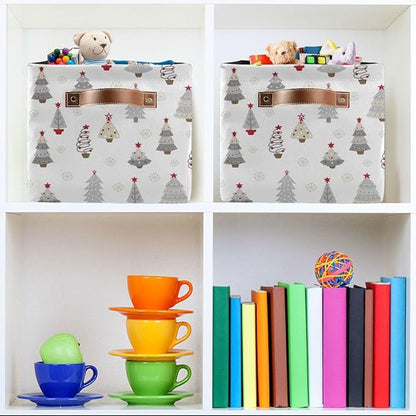 Christmas Tree Gray Storage Basket Fabric Kitchen Baskets Winter Snowflake White Grey Open Home Storage Bins Boxes Foldable Organizer Bag for Book Shelf Closet Baskets 16×12×8 Inches