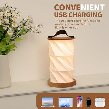 Bedside Solid Wood Table Lamp, Dimmable Touch Lamp USB C Charging Ports, Battery Operated Lamp with Handle, Rotating Folding Table Light for Home&Library Decoration (Beech)