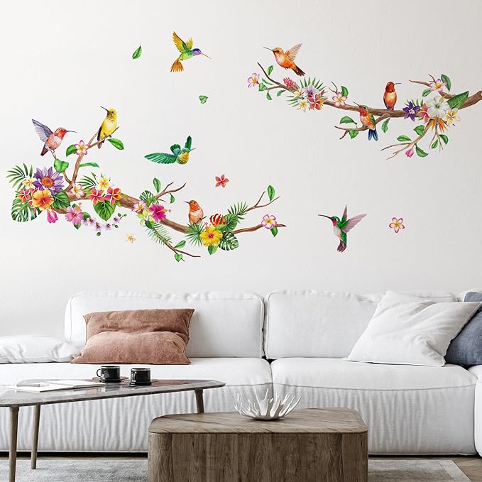 Zonon Flowers Wall Decals Vinyl Dragonflies Flowers Wall Stickers Removable Floral Wall Murals Peel and Stick Colorful Flower Wall Decor for Bedroom Living Room Nursery(Hummingbirds)