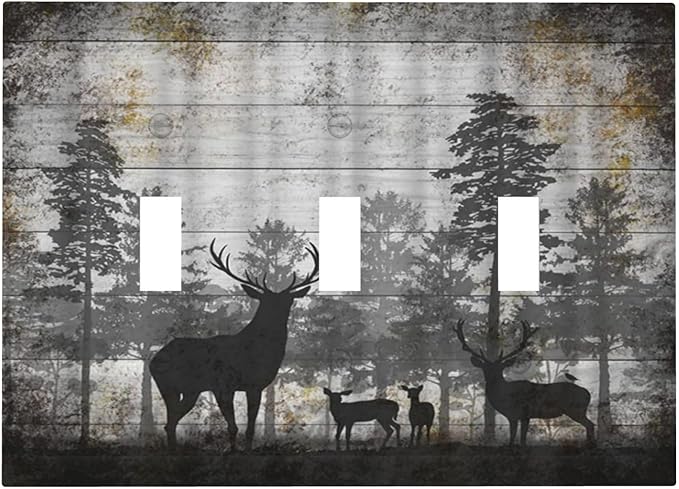 Rustic Deer Forest Vintage Wood Board 3 Gang Boho Light Switch Covers Decorative Country Unique Triple Toggle Wall Plate Electrical Faceplate Switchplate for Farmhouse Bedroom Home Decor