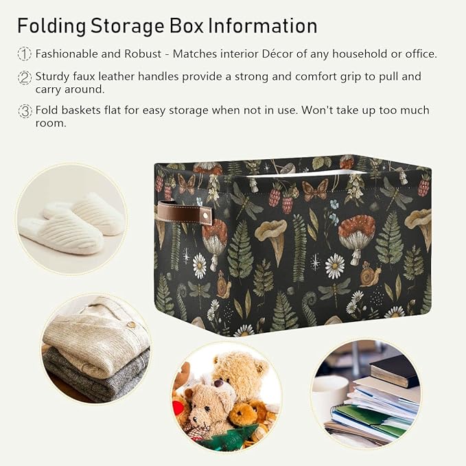 Mushroom Botanical Storage Basket Fabric Kitchen Baskets Dragonfly Berry Flowers Fern Open Home Storage Bins Boxes Foldable Organizer Bag for Baby Cloth Pet Toy Book Shelf Closet Baskets 16×12×8 IN