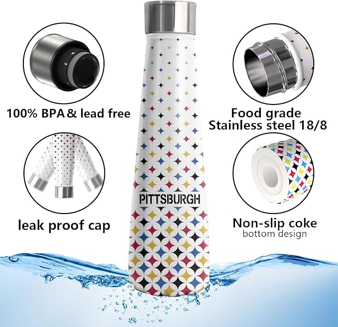 16oz Pittsburgh New Cola Bottle Insulated Water Bottle Stainless Steel Thermos Cup, Reusable Water Bottles Leak Proof Metal Sports Water Bottle