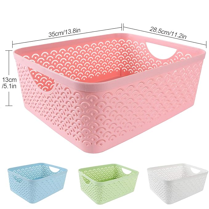 3 Pack Plastic Storage Baskets, Portable Pink Fish Scale Pattern Hollow Desktop Storage Bin Box with Handle for Kitchen, Bathroom, Kids Room or Nursery Storage – 13.8 x 11.2 x 5.1 inches