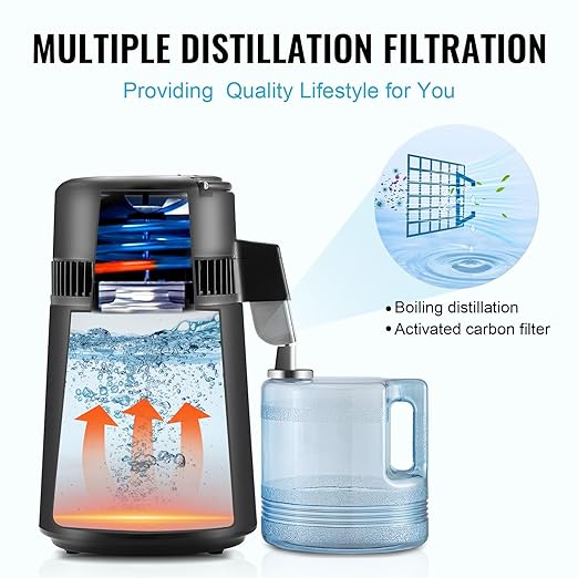 VEVOR Water Distiller, 4L 1.05 Gallon Pure Water Purifier Filter for Home Countertop, 750W Distilled Water Maker, Stainless Steel Interior Distiller Water Making Machine to Make Clean Water, Black