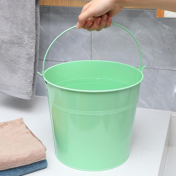 12 Pcs Large Galvanized Metal Buckets with Handle 10 Inch Heavy Duty Stainless Steel Pails Round Pail for Party Wedding, Crafts, Utensils, Table Centerpieces (Light Green)