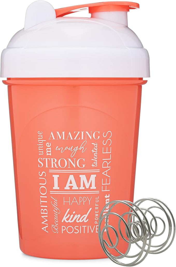 [2 Pack] 20-Ounce Shaker Bottle with Motivational Quotes (Coral & Mint) | Protein Shaker Bottle with Mixer Agitators | Blender Shaker Bottle for Protein Mixes Pack is BPA Free and Dishwasher Safe