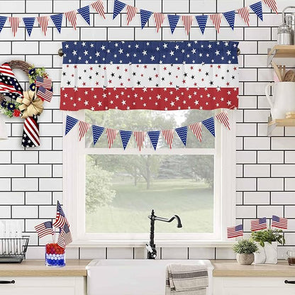 Vandarllin July 4th Kitchen Curtains Valances for Windows Red White Blue Rod Pocket Window Treatment for Kitchen/Living Room/Bedroom/Bathroom, 60" X 18", Independence Day Americana Stars