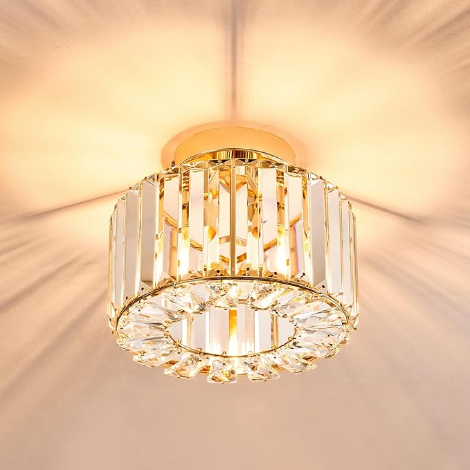 VONLUCE Crystal Ceiling Light Fixture, Semi Flush Mount Ceiling Light Modern Crystal Hallway Light, Gold Flush Mount Chandelier for Entryway Kitchen Bedroom Living Room Entryway