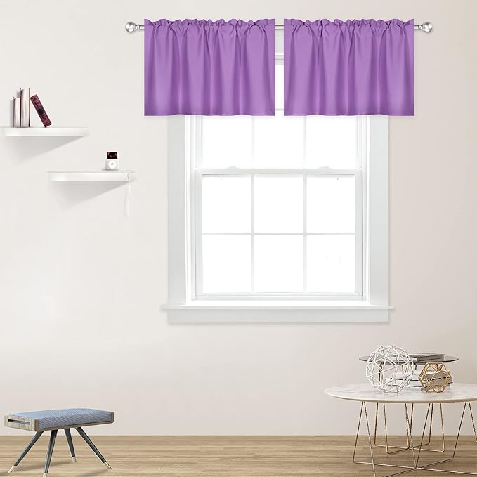 2 Panels Light Purple Valance for Windows 42x18 Inch Solid Thermal Insulated Blackout Rod Pocket Kitchen Short Curtain Toppers Valance for Living Room, Lilac Lavender