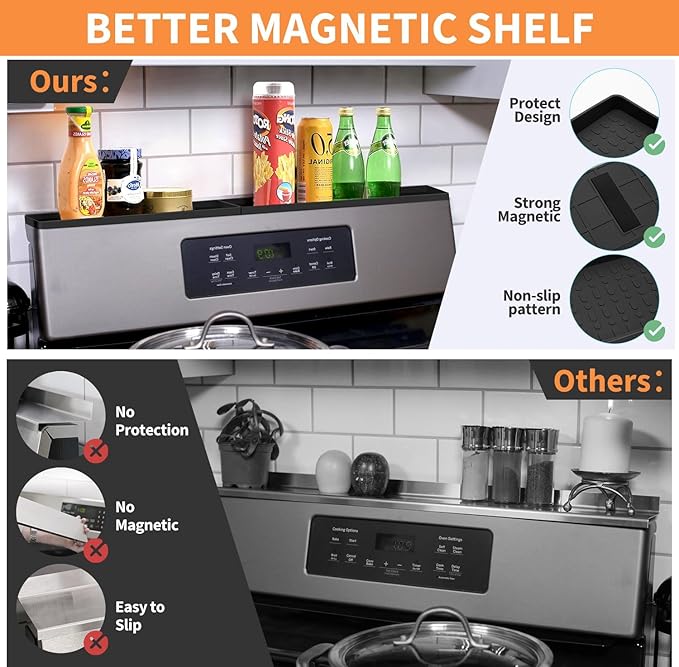 30 Inch Silicone Magnetic Stove Top Shelf, Kitchen Shelf Over Stove Spice Rack Apartment Must Haves Kitchen Gadgets for Above Stovetop Seasoning Organization and Storage with 2 Functional Prtitions