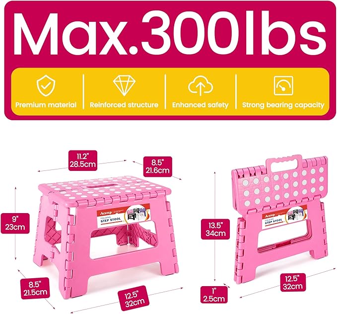 ACSTEP Acko 9 Inch Folding Step Stool - The Lightweight Step Stool is Sturdy and Safe Enough. Opens Easy with One Flip. Great for Kitchen, Bathroom, Bedroom Pink