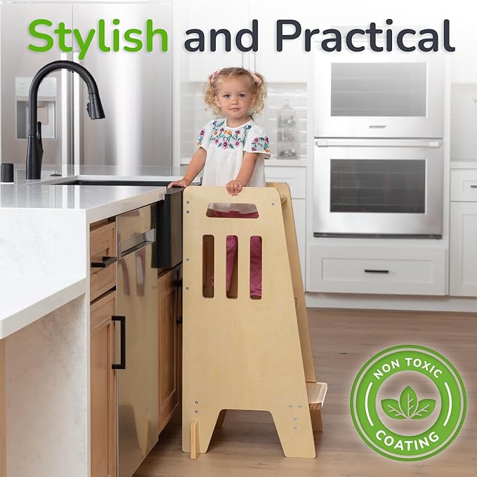 Toddler Tower with a Sliding Door and 3 Adjustable Heights - Complete Toddler Kitchen Stool Helper with Support Feet - Safe Design for 18+ Months to 6-Year-Old Kids - Varnished