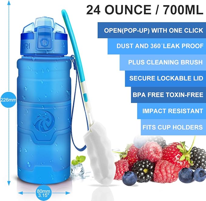 ZORRI 14/17/ 24/32 OZ Water Bottles, BPA Free Tritan Lightweight Leak Proof Sport Bottle with Brush, Lock Feature, Track Marker, and Flip Lid for Kids School, Fitness, Office, Sports & Outdoors