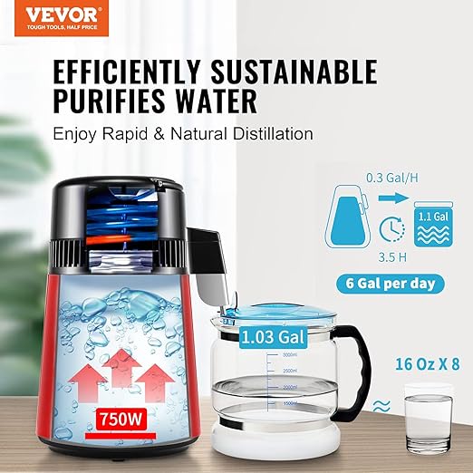 VEVOR Water Distiller, 4L 1.05 Gallon Pure Water Purifier Filter for Home Countertop, 750W Distilled Water Maker, Stainless Steel Interior Distiller Water Making Machine to Make Clean Water, Red