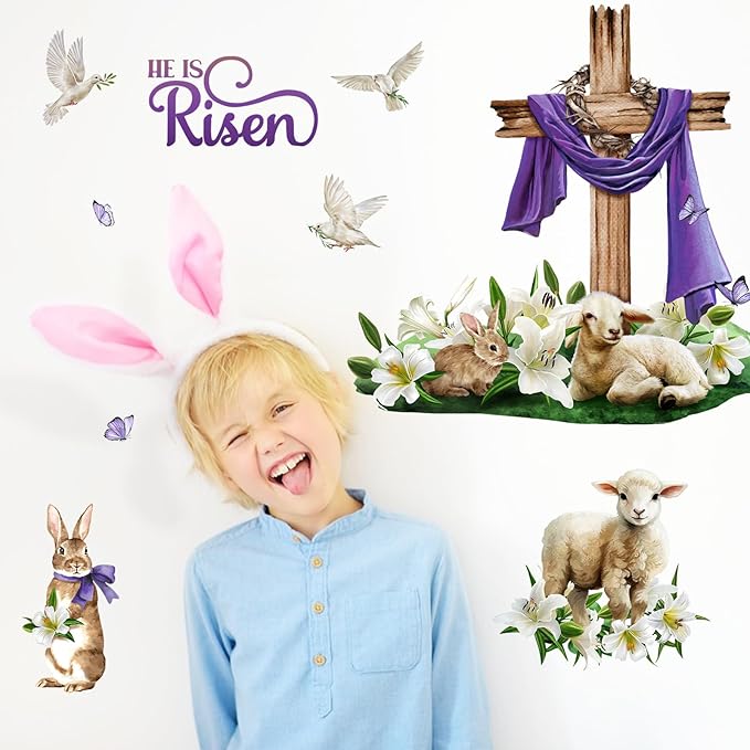 Mfault He is Risen Easter Wall Decals Stickers, Religious Faith Cross Lamb Bunny Lily Flower Christian Decorations Bedroom Art, Rabbit Dove Floral Butterfly Home Kitchen Decor Party Supplies