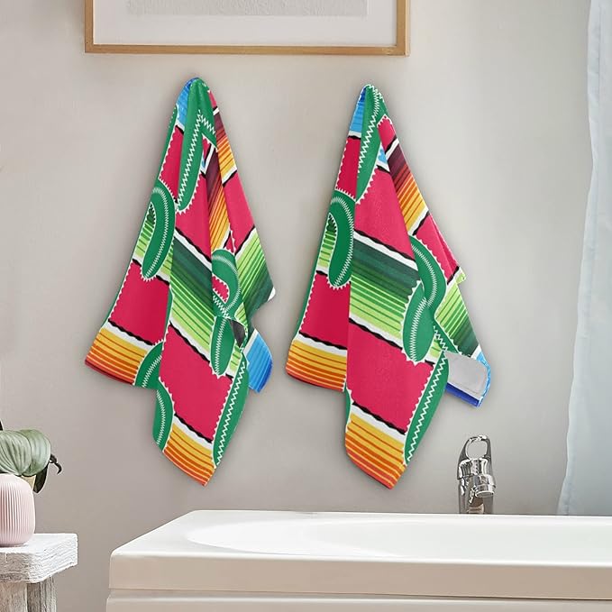 Towel Sets 2 Pack, Green Cacti on Colorful Stripes Bath Hand Towels Soft Absorbent Quick Dry for Bathroom Beach Kitchen Gym Travel