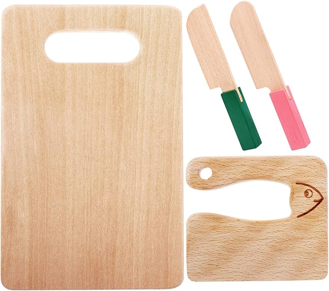 4 Pcs Wooden Kids Knives Cooking Utensils for Kitchen Cooking Children's Safe Knives Kids Cute Kitchen Tools with Rectangle Cutting Board for Cooking Kitchen Veggies Lettuce Fruits Salad Cake