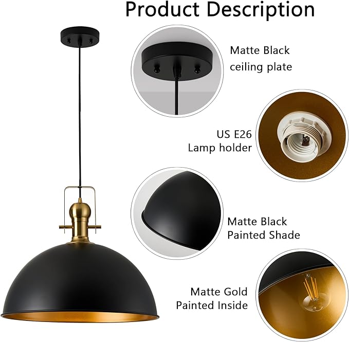 18 Inch Black Farmhouse Pendant Lights Large Pendant Lights for Kitchen Island Industrial Adjustable Height Vintage Big Dome Hanging Light Fixtures for Barn, Dining Room