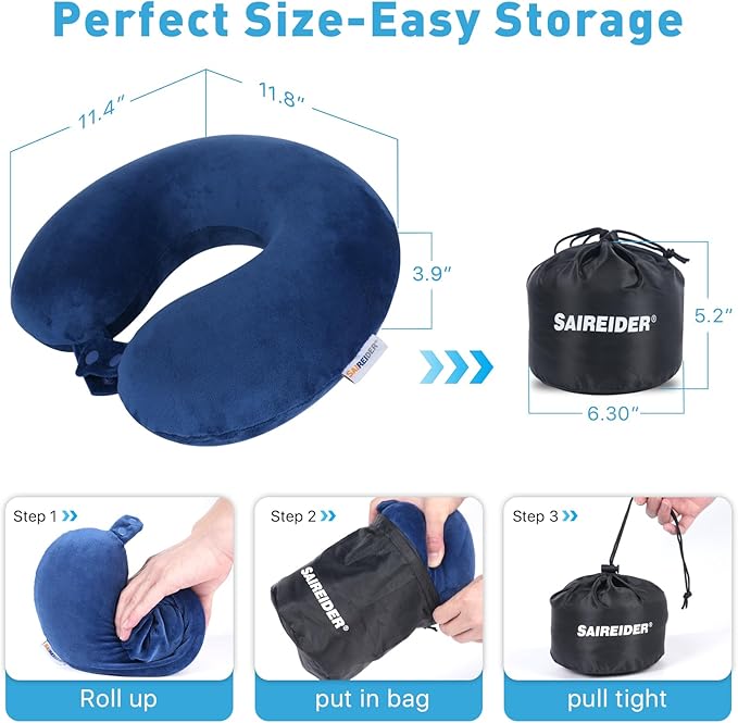 SAIREIDER Neck Pillows for Travel-Head Neck Support Travel Pillow for Traveling, Car, Home, Office Adjustable with Storage Bag (Navy Blue)