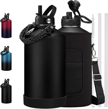 1 Gallon Water Bottle Insulated - with Straw & Auto Chug Lid, Carrier Bag, Protective Boot, Paracord Handle, Stainless Steel Water Bottle 128 oz, Large Metal One Gallon Water Jug for Travel Gym