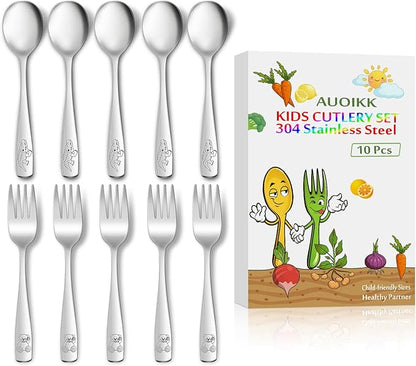 10-Piece Toddler Flatware, Kids Utensils Stainless Steel Cutlery Set, Children Safe Spoons and Forks with Ergonomic Handle, Easy to use and Dishwasher Safe (Crocodile and Bear)