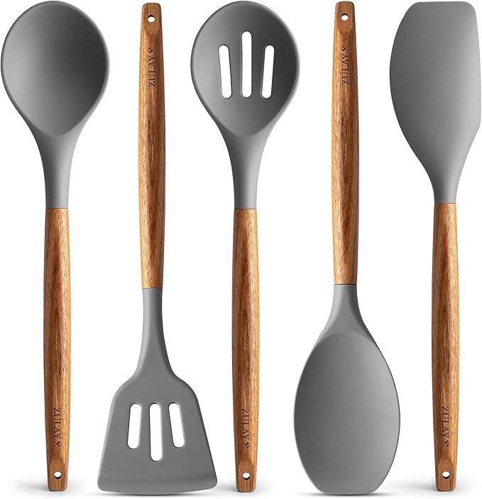 Zulay Kitchen Utensils Set Non-Stick Silicone Cooking Utensils Set with Authentic Acacia Wood Handles - 5 Piece Silicone Utensil Set - Silicone Kitchen Utensils Set with 464°F Heat Resistance - Gray