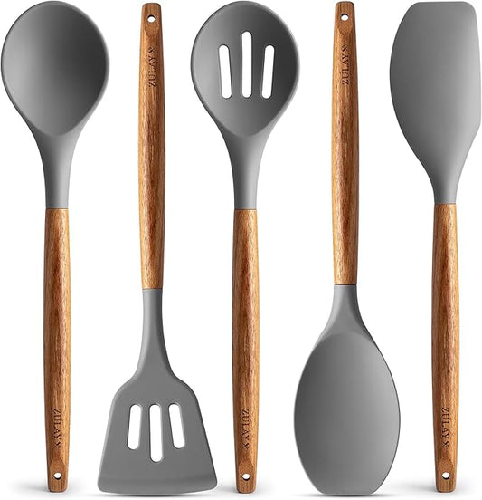 Zulay Kitchen Utensils Set Non-Stick Silicone Cooking Utensils Set with Authentic Acacia Wood Handles - 5 Piece Silicone Utensil Set - Silicone Kitchen Utensils Set with 464°F Heat Resistance - Gray