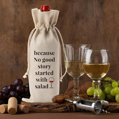 Wedding Bridal Shower Gifts, Engagement Gifts Wine Bags for Wine Bottles Gifts, Birthday Housewarming Gifts New Home Wine Gifts Bag, Because No Good Story Started with A Salad Wine Bag