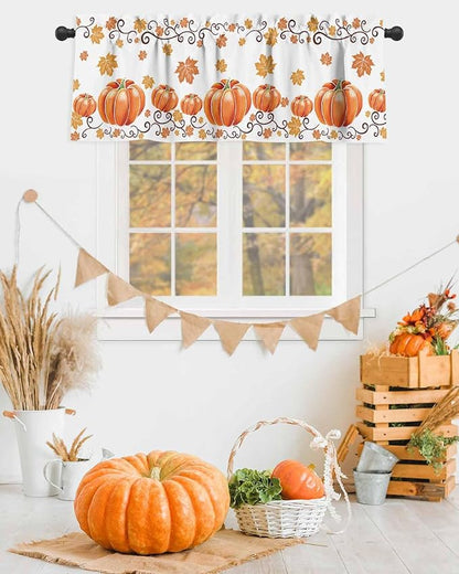 Vandarllin Fall Maple Leaves Kitchen Curtains Valances for Windows Thanksgiving Watercolor Pumpkins Rod Pocket Window Treatment for Kitchen/Living Room/Bedroom/Bathroom,42" X 12" -1 Panel, Orange