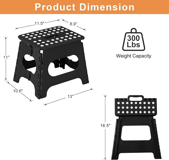 VECELO Folding Step Stool 11 Inch, Non-Slip Surface Portable Foldable 1 Step Stool with Carry Handle, Heavy Duty to Support Kids/Toddler/Adults for Living Room, Kitchen, Bathroom, Black