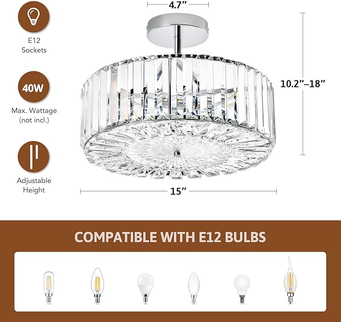 VONLUCE Crystal Light Fixture, Modern Semi Flush Mount Ceiling Light, 15" Round 4-Light Crystal Chandelier Hallway Lighting for Kitchen Bedroom Living Room Dining Room Entryway Closet, Nickel