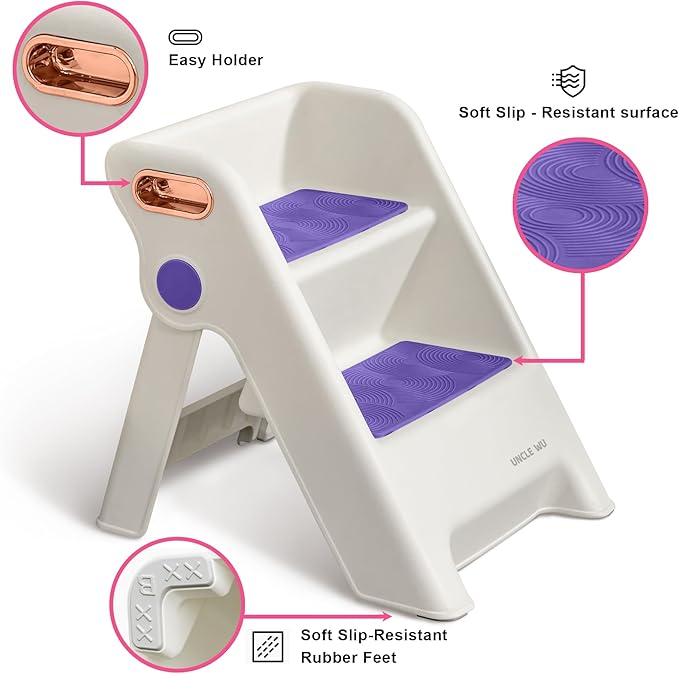 UNCLE WU Foldable 2-Step Stool for Kids -Potty Seat Training Aid with Safety Handles,Durable - Perfect for Potty Training, Bathroom Sink,Kitchen Stand Stool & Bedroom Step Stool (Purple)