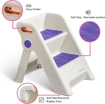 UNCLE WU Foldable 2-Step Stool for Kids -Potty Seat Training Aid with Safety Handles,Durable - Perfect for Potty Training, Bathroom Sink,Kitchen Stand Stool & Bedroom Step Stool (Purple)