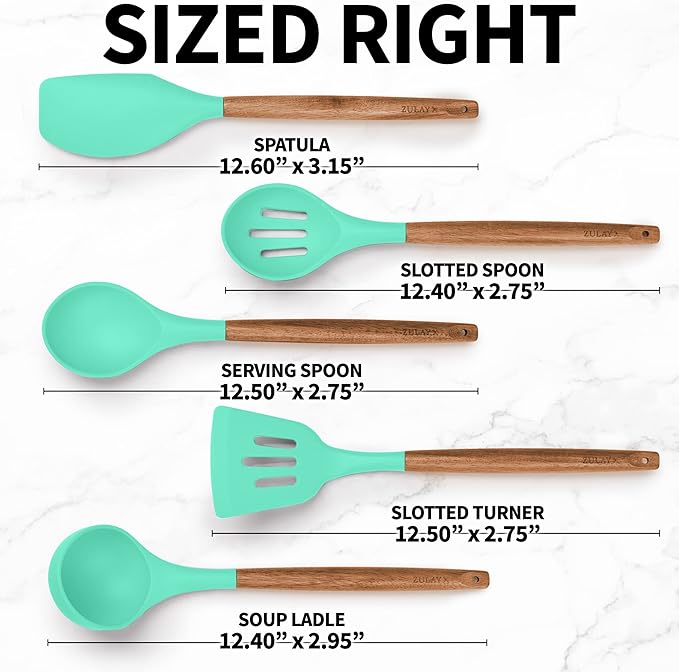 Zulay Kitchen Utensils Set - Non-Stick Silicone Cooking Utensils Set with Authentic Acacia Wood Handles - 5 Piece Silicone Utensil Set - Silicone Kitchen Utensils Set (Mint)