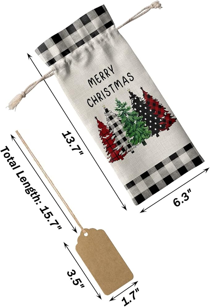 10 Pack Wine Bottle Bags, Christmas Tree Wine Bottle Cover with Drawstring, Vintage Black White Checkered Xmas Tree Gift Bag for Champagne Wedding Birthday Party