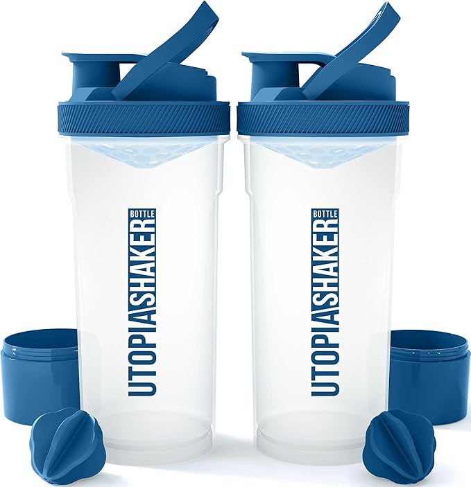 Utopia Home Shaker Bottle 2 Pack - 24 Ounce Plastic Protein or Cocktail Shaker Bottle for Pre & Post workout with Twist & Lock Protein Box Storage (Clear/Navy)