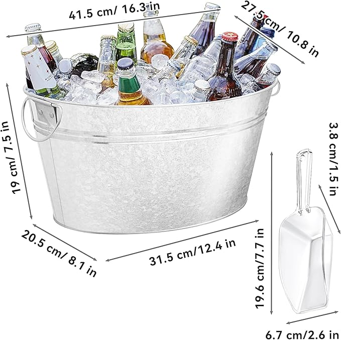 2 Pack Large Ice Buckets with Handles for Parties, IKAYAS Galvanized Metal Ice Bucket Ice Tub with Scoop and Tongs for Cocktail Bar Mimosa Bar Supplies, Large Champagne Bucket Beer Bucket Metal Tub