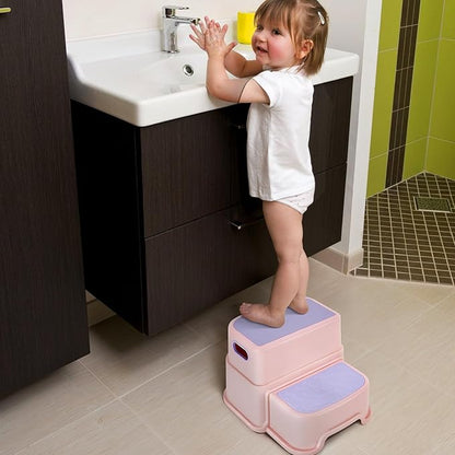 2 Step Stool for Kids, Anti-Slip Toddler Toilet Potty Training Stool with Handles, Two Step Stool for Bathroom, Kitchen, Bedroom, Living Room(Pink)