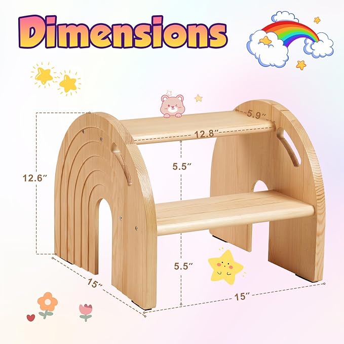 Wooden 2 Toddler Step Stool for Kids Portable Wooden Kids Step Stool with Handles for Bathroom Kitchen Toilet Potty Training