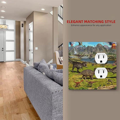 Cute Dinosaur Combo Single Blank 1 Duplex Outlet Switch Wall Plate Cover Decorative 2-Gang for Electrical Boys Kids Room Bathroom Bedroom Home Kitchen One Receptacle 4.5" x 4.6"